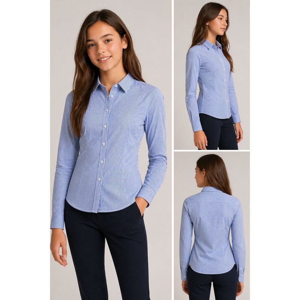 Tommy‎ Hilfiger Girls Fitted Blue White Striped Button Up Shirt Sz S 7 Preppy U